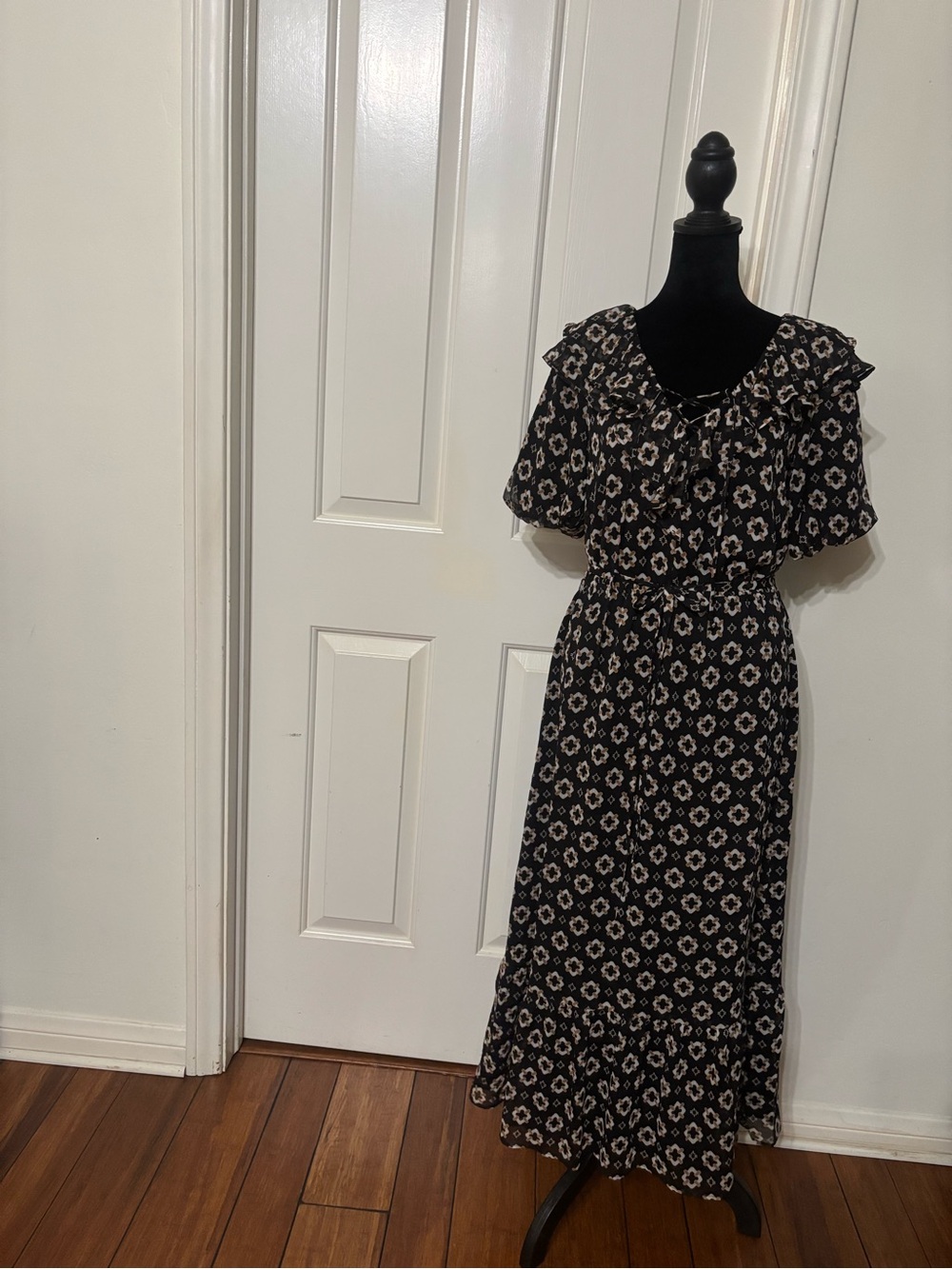 LOFT Black Maxi Dress with Cream Floral Print